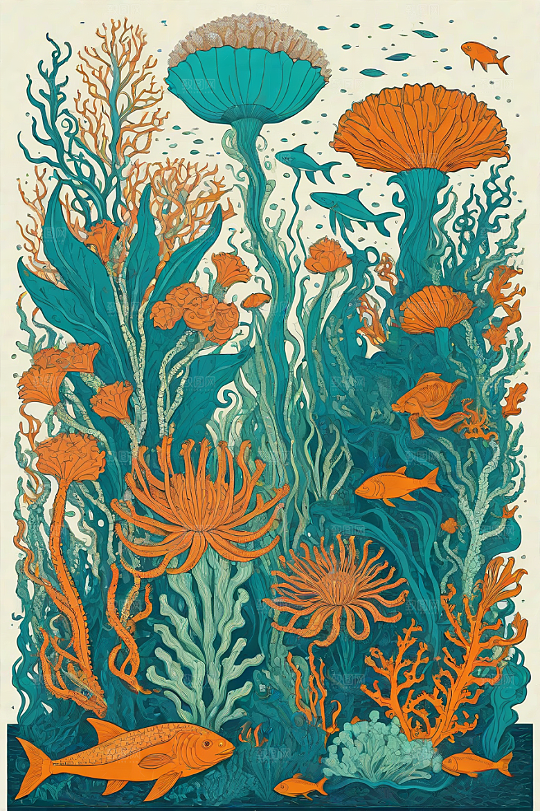 海洋奇迹植物和生物插画的神奇景观