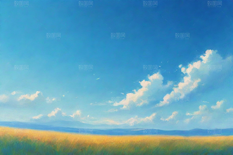明亮蓝天下的绿草白云