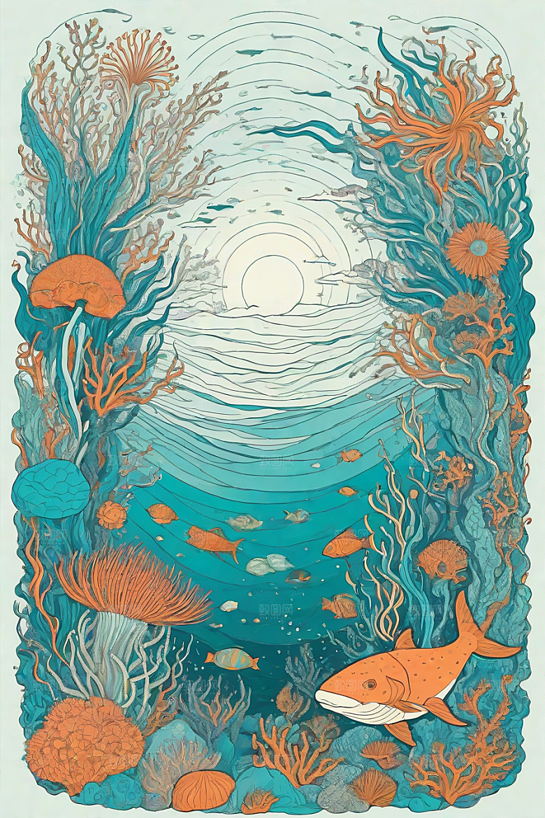海洋奇迹植物和生物插画的神奇景观