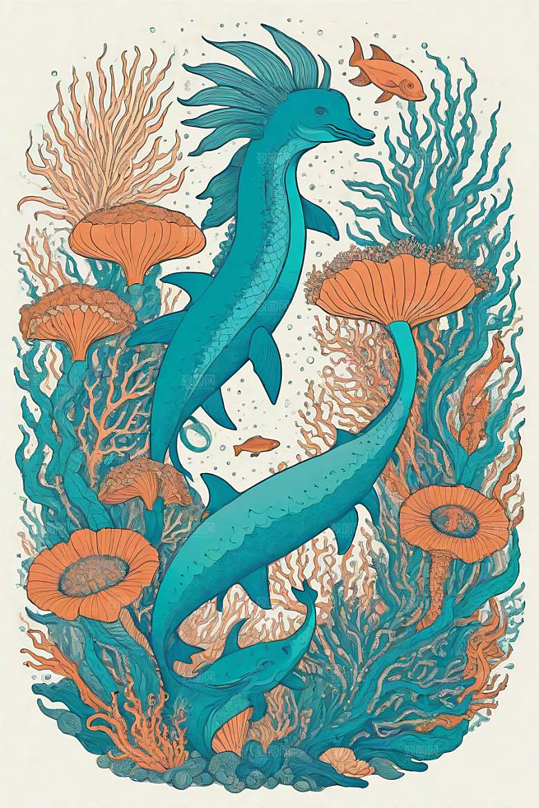 海洋奇迹植物和生物插画的神奇景观
