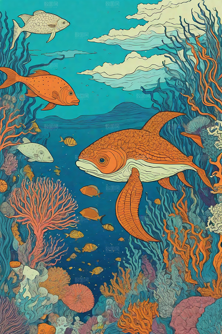 海洋幻景植物和生物插画的幻境风景