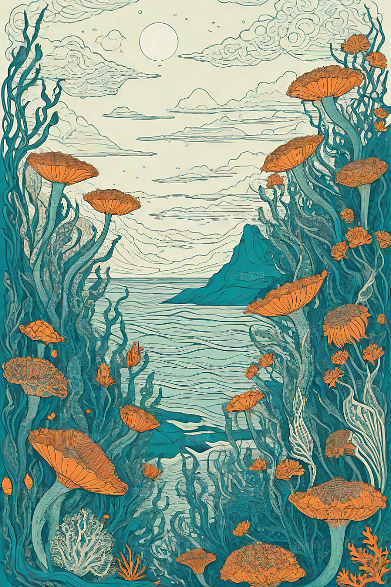 海洋幻景植物和生物插画的幻境风景