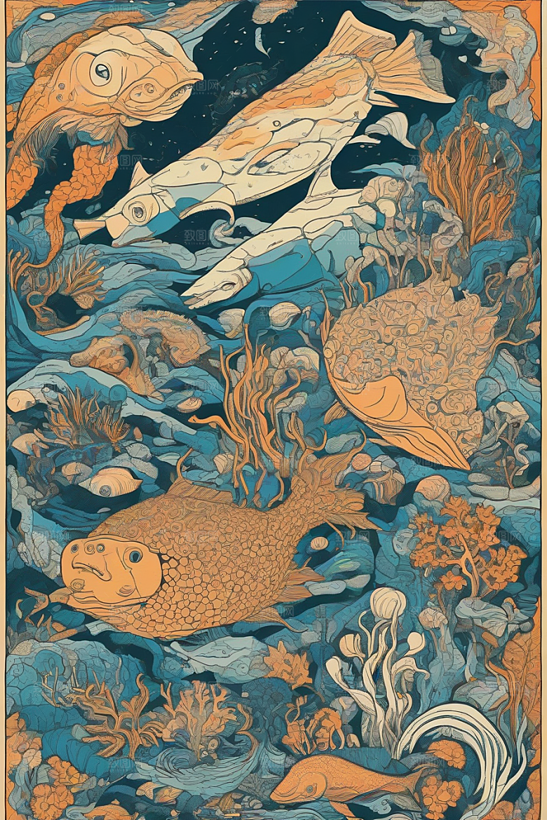 海洋幻景植物和生物插画的幻境风景