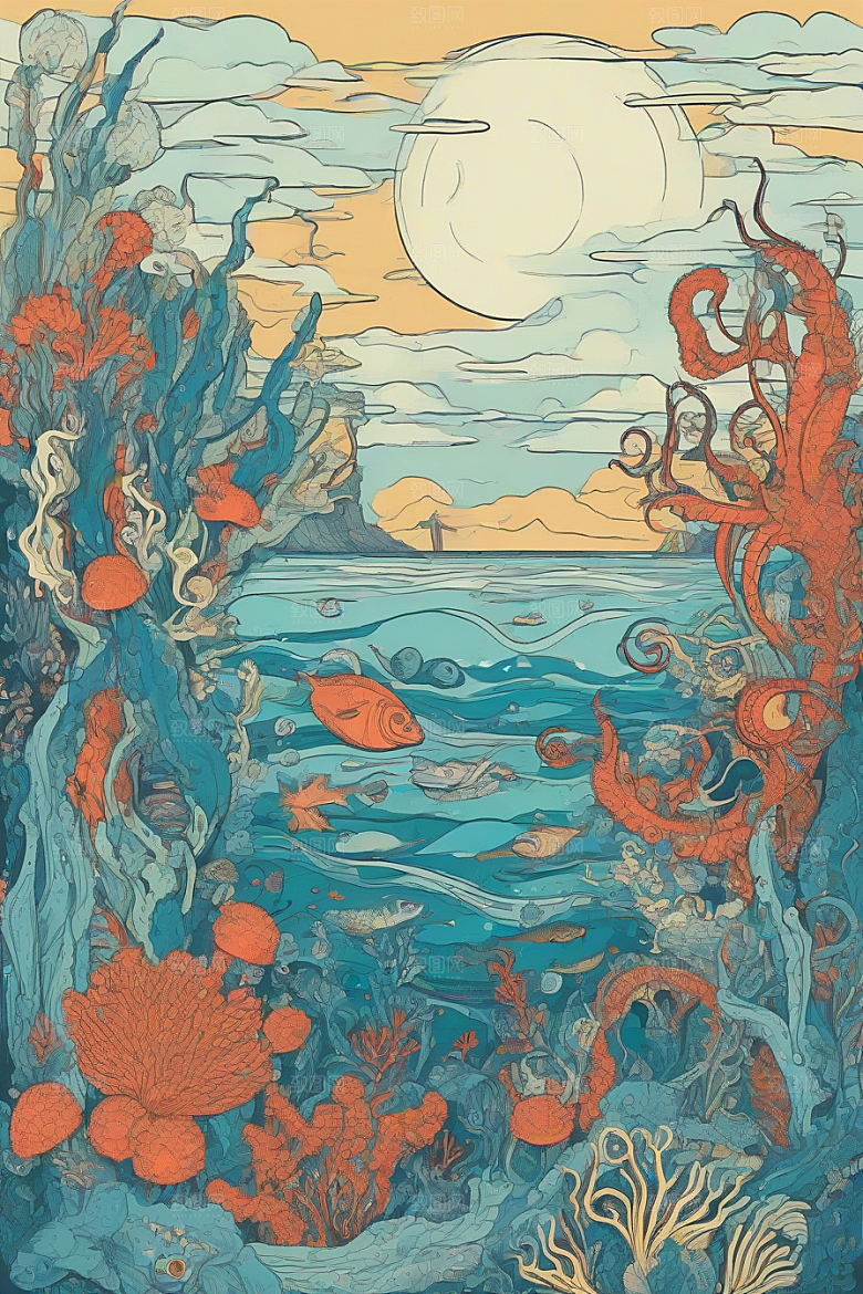 海洋幻景植物和生物插画的幻境风景