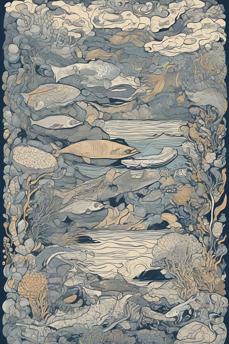 海洋幻景植物和生物插画的幻境风景