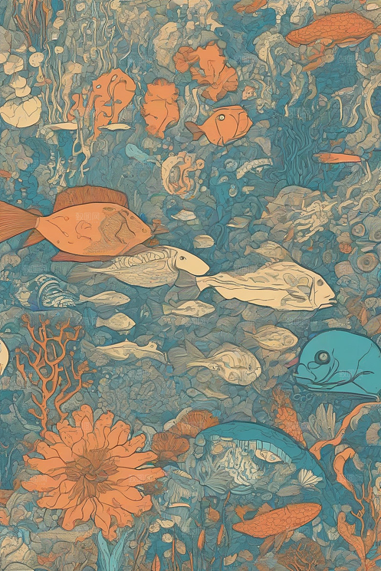 海洋幻景植物和生物插画的幻境风景