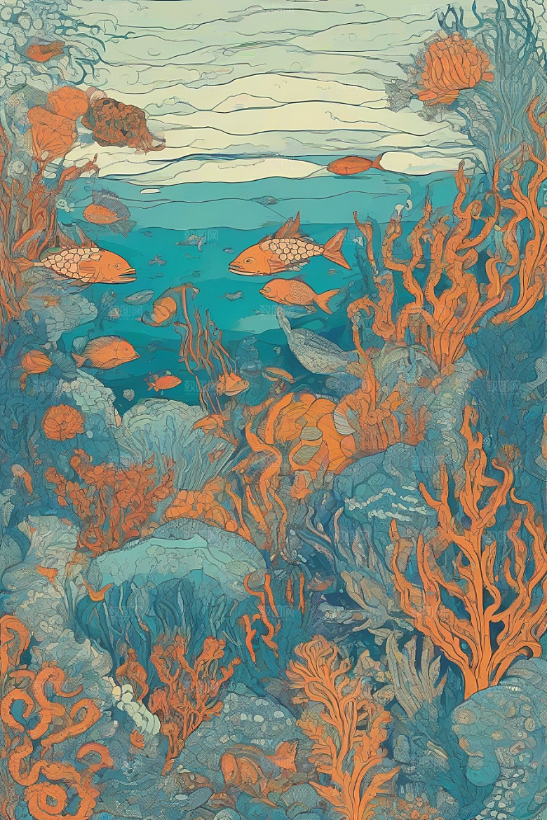 海洋幻景植物和生物插画的幻境风景