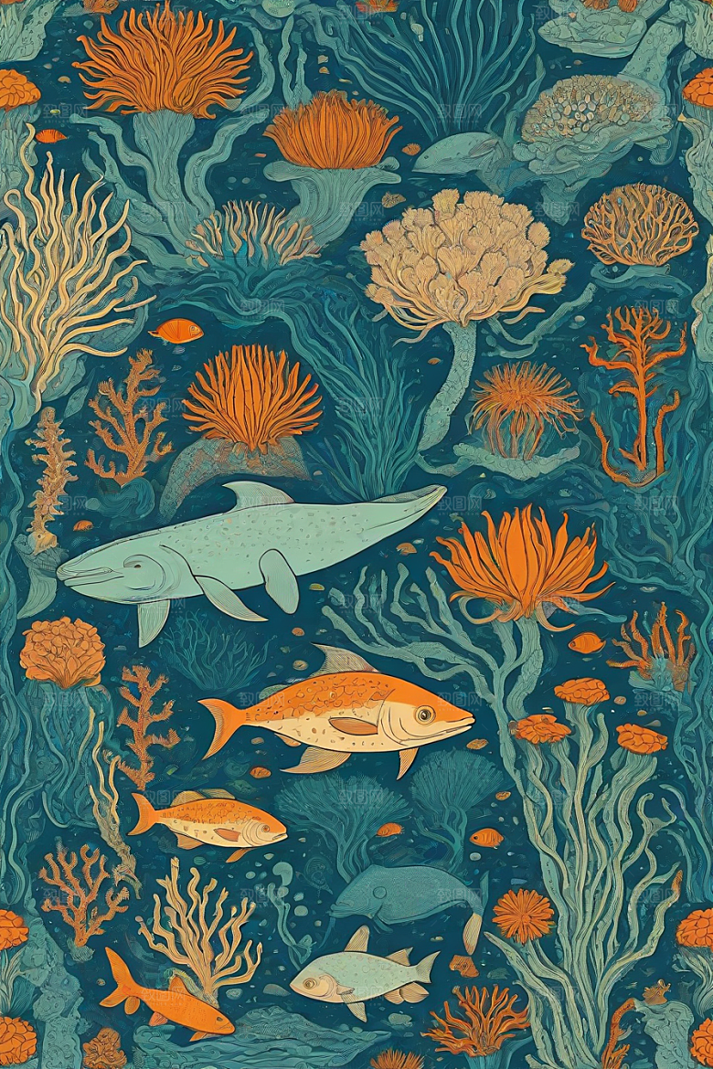 海洋幻景植物和生物插画的幻境风景