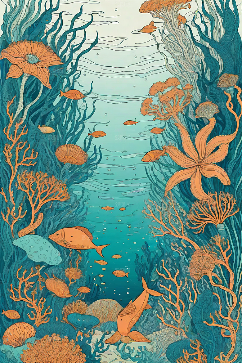 海洋幻景植物和生物插画的幻境风景