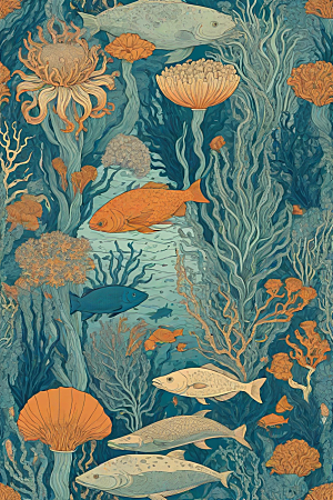 海洋幻景植物和生物插画的幻境风景