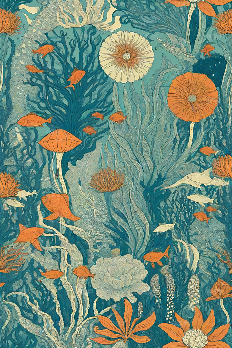 海洋幻景植物和生物插画的幻境风景