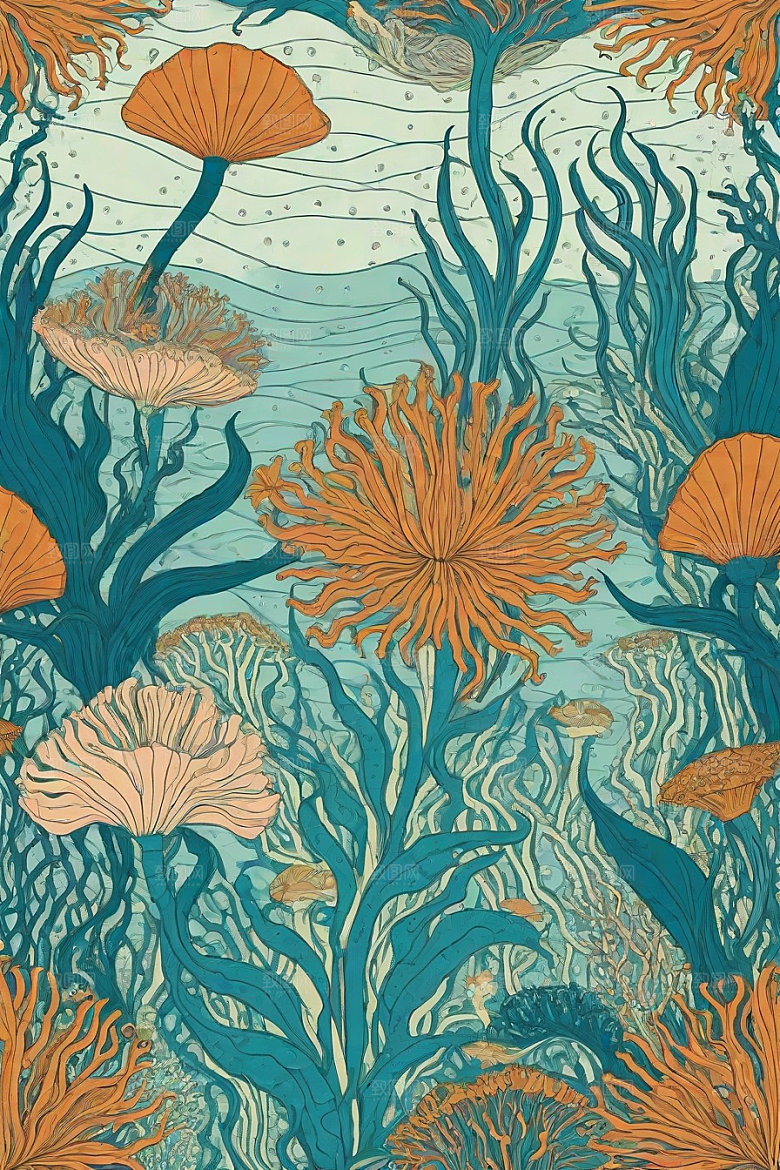 海洋幻景植物和生物插画的幻境风景