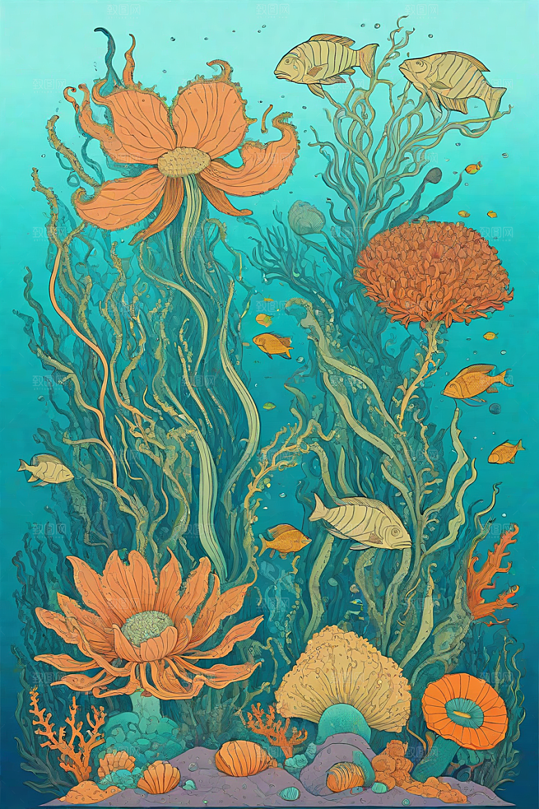 海洋幻景植物和生物插画的幻境风景