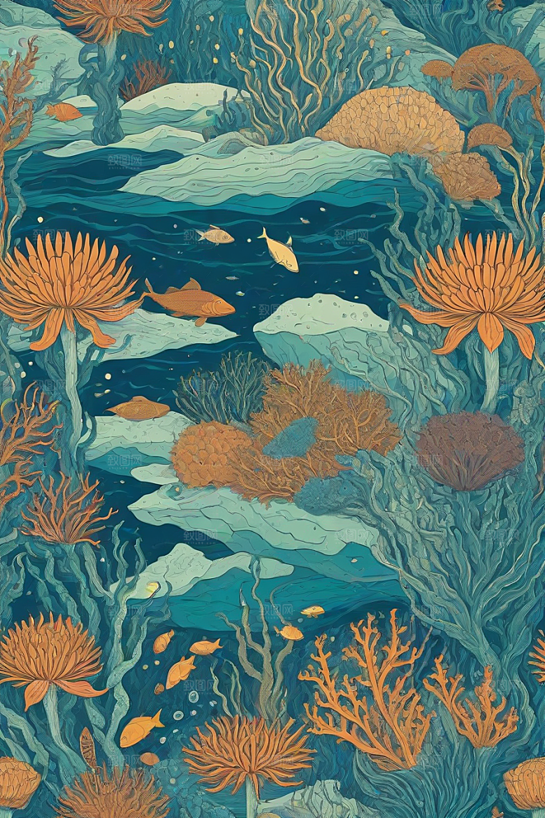 海洋幻景植物和生物插画的幻境风景