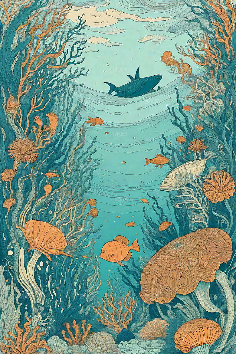 海洋幻景植物和生物插画的幻境风景