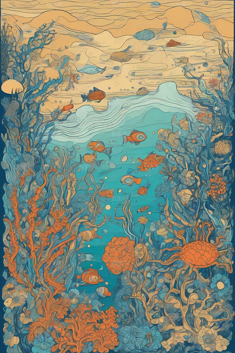 海洋之梦植物和生物插画的梦幻画面