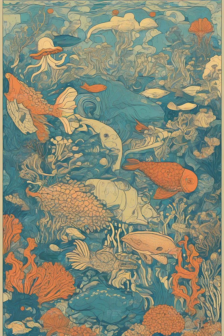 海洋之梦植物和生物插画的梦幻画面
