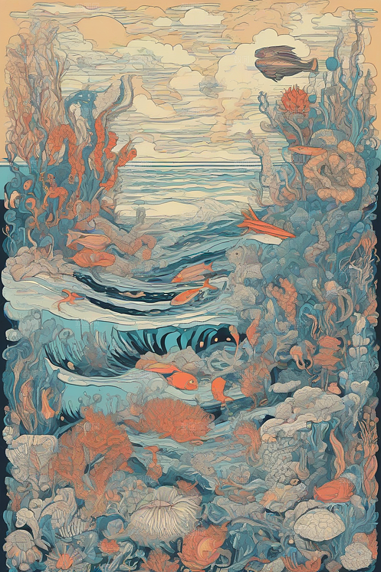 海洋之梦植物和生物插画的梦幻画面