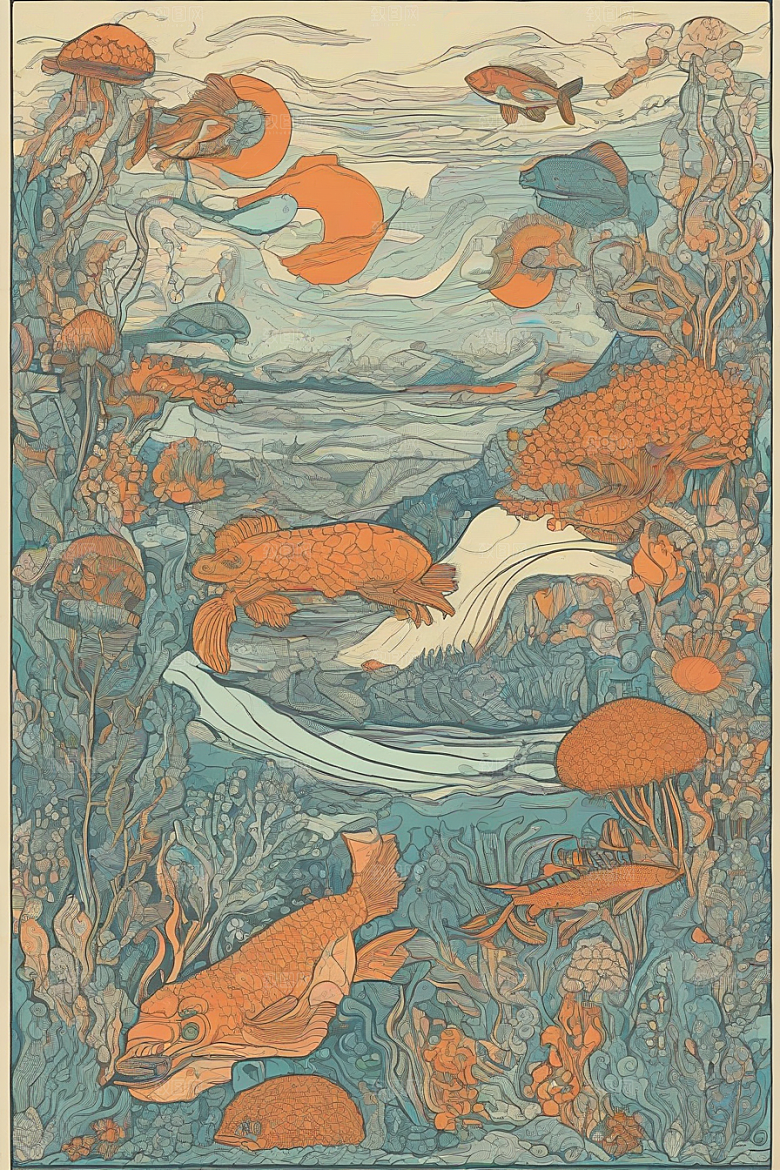 海洋之梦植物和生物插画的梦幻画面