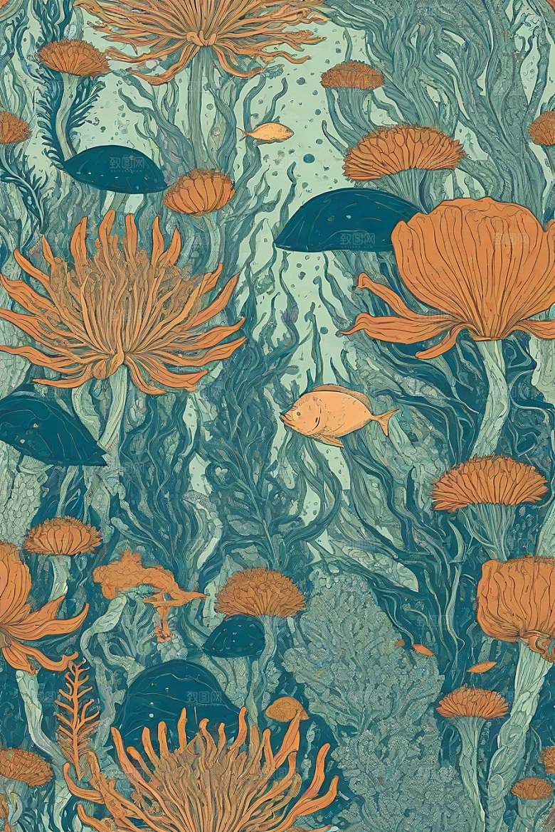 海洋之梦植物和生物插画的梦幻画面