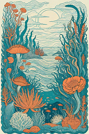 海洋之梦植物和生物插画的梦幻画面