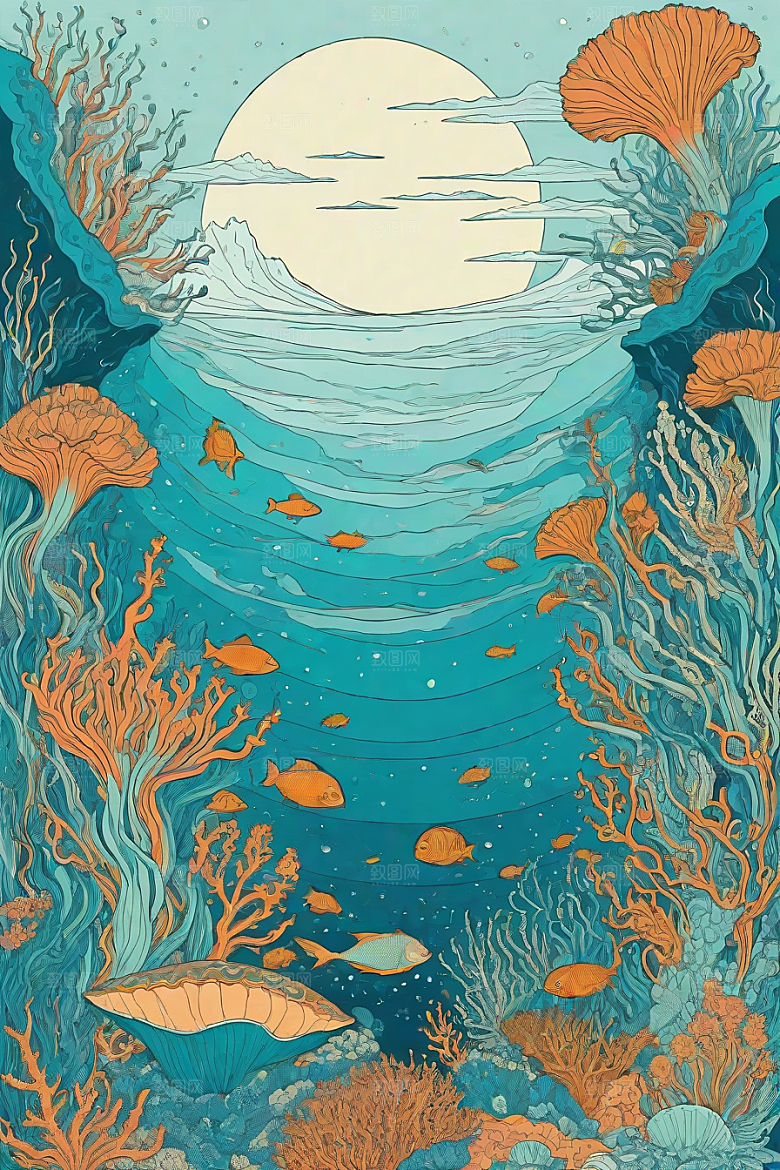 海洋之梦植物和生物插画的梦幻画面