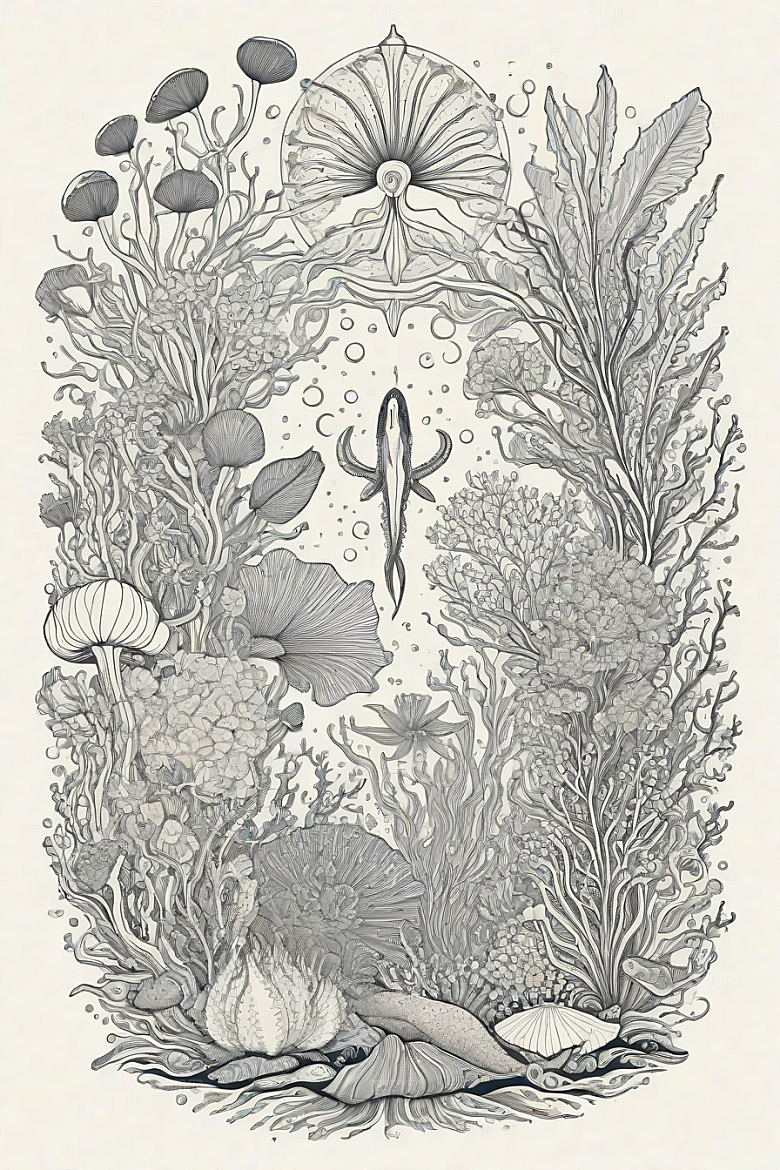 海洋之梦植物和生物插画的梦幻画面