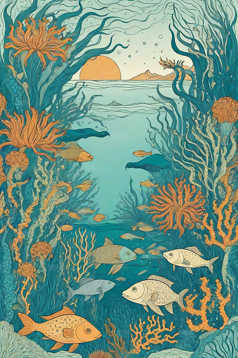 海洋之梦植物和生物插画的梦幻画面