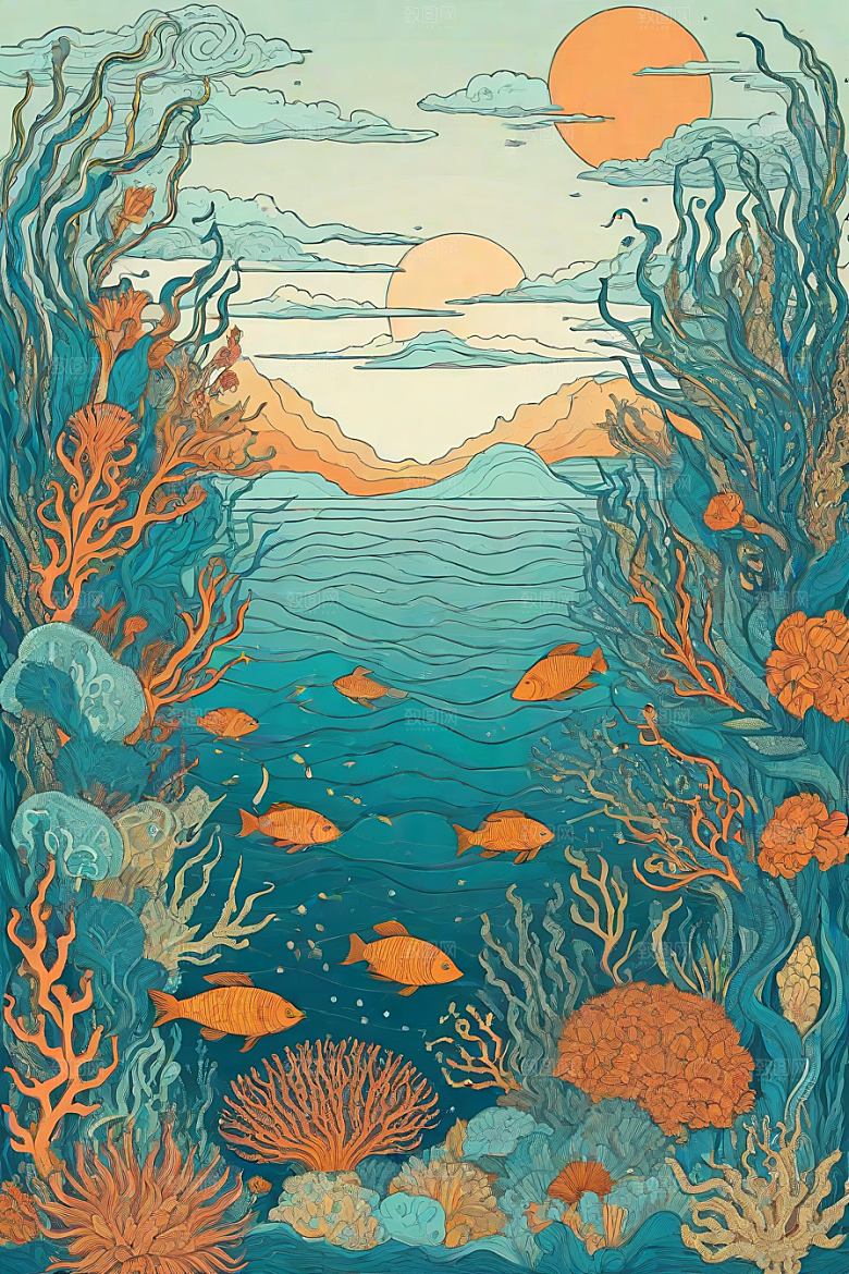 海洋之梦植物和生物插画的梦幻画面