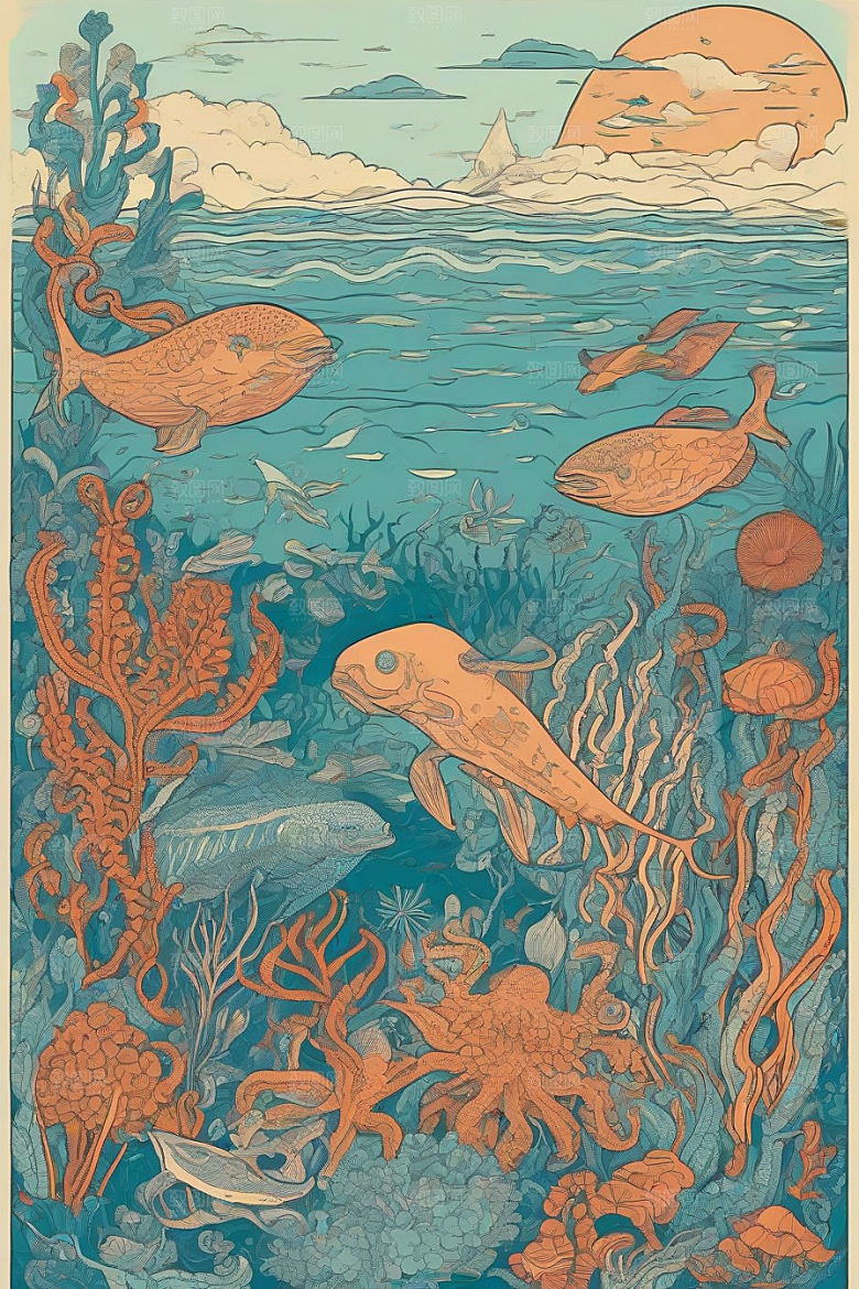 海洋之梦植物和生物插画的梦幻画面