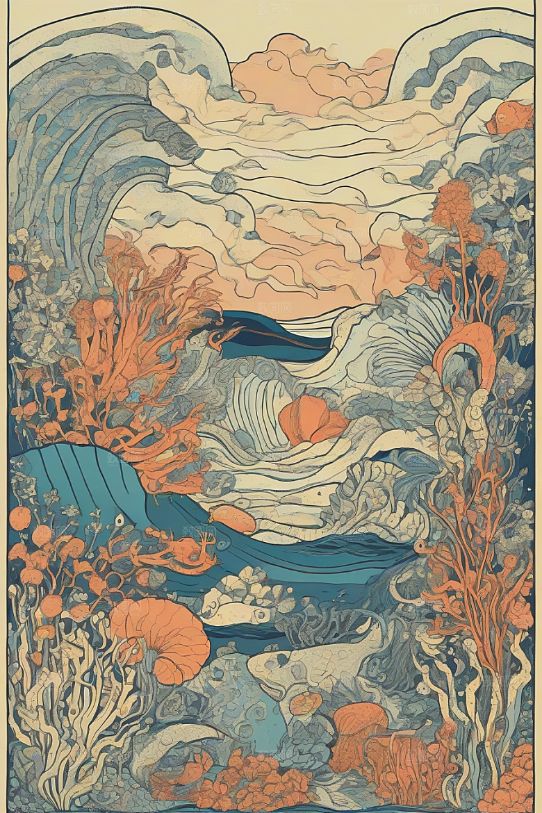 海洋之梦植物和生物插画的梦幻画面