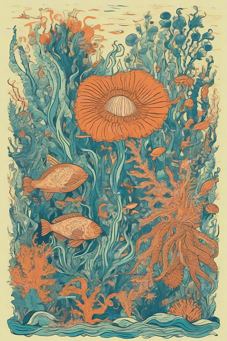 海洋之梦植物和生物插画的梦幻画面
