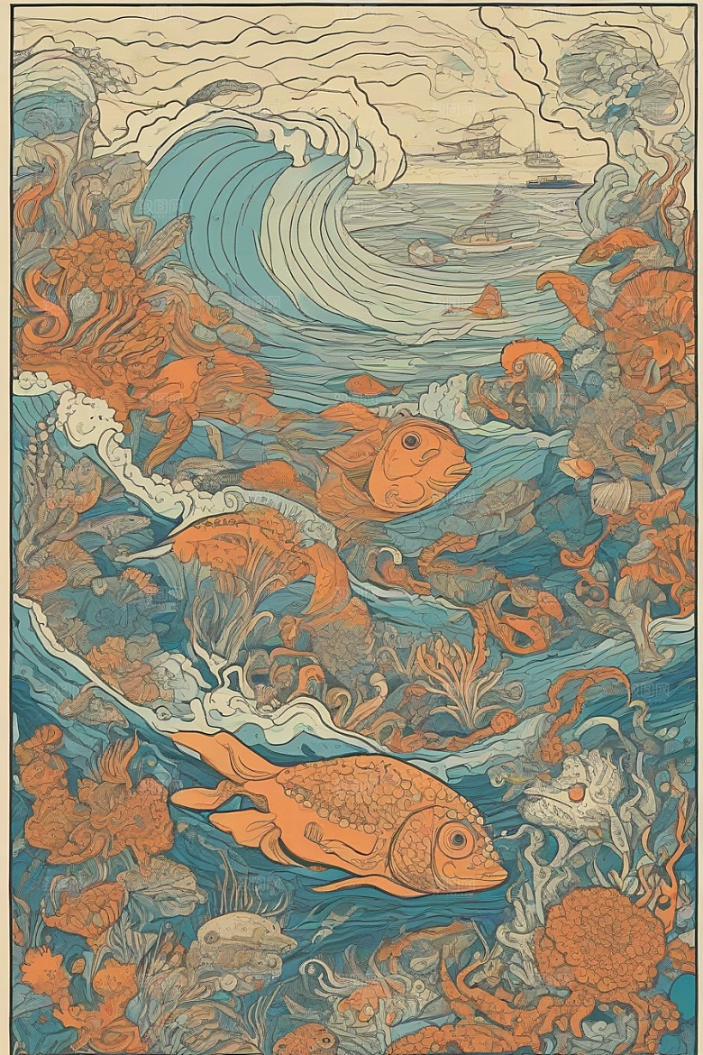 海洋之梦植物和生物插画的梦幻画面
