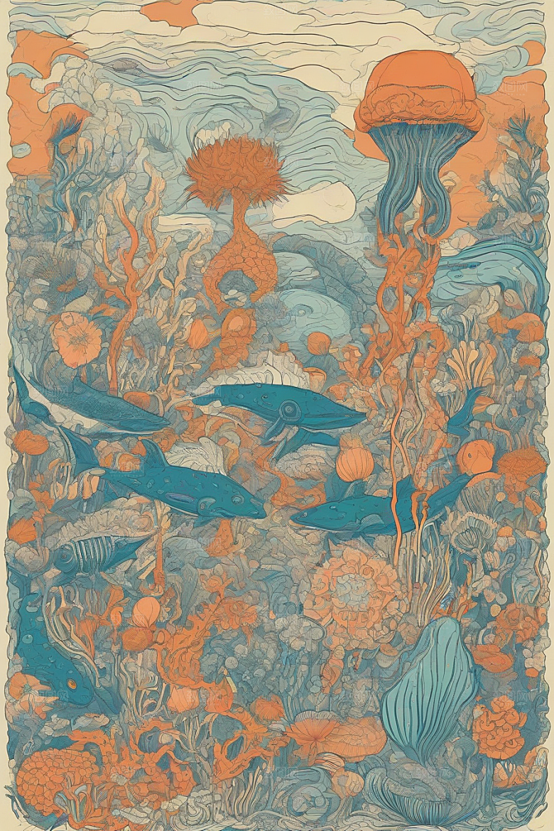 绚丽海洋植物和生物插画的色彩斑斓