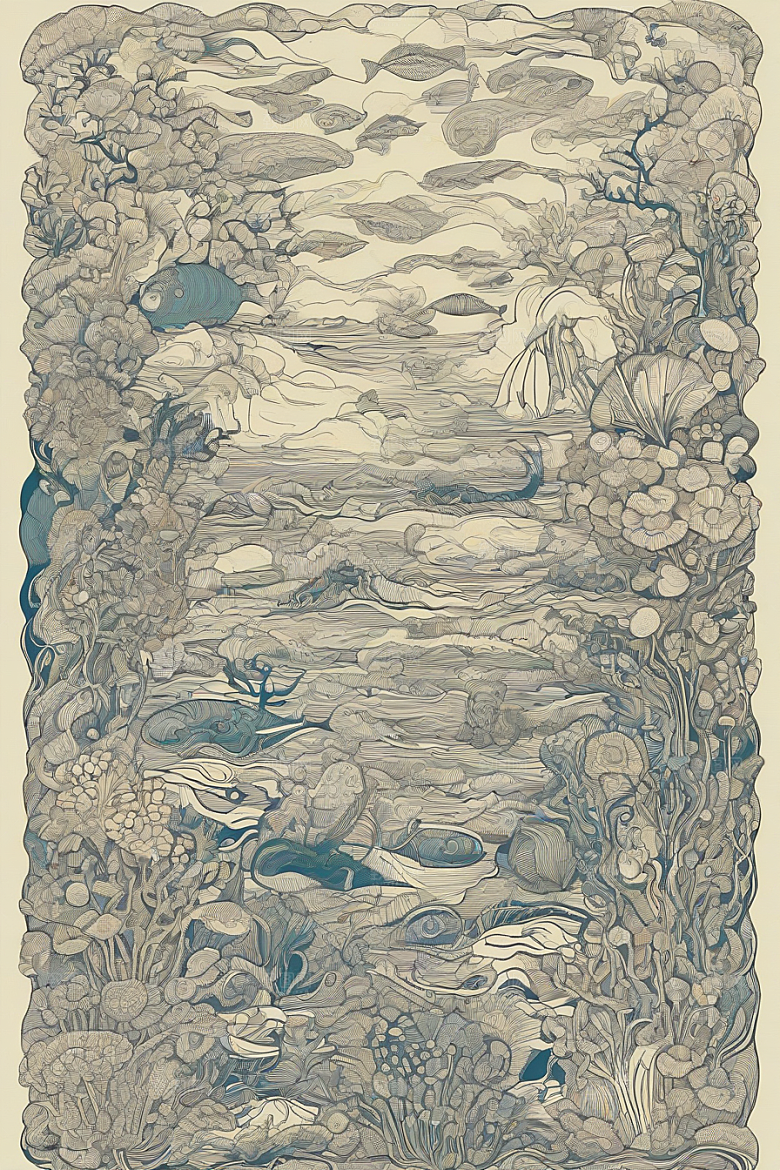 绚丽海洋植物和生物插画的色彩斑斓