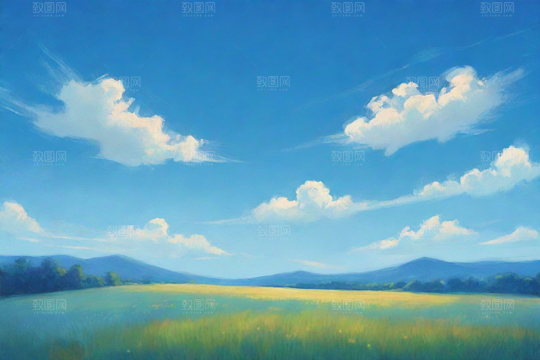 明亮蓝天与草地的和谐