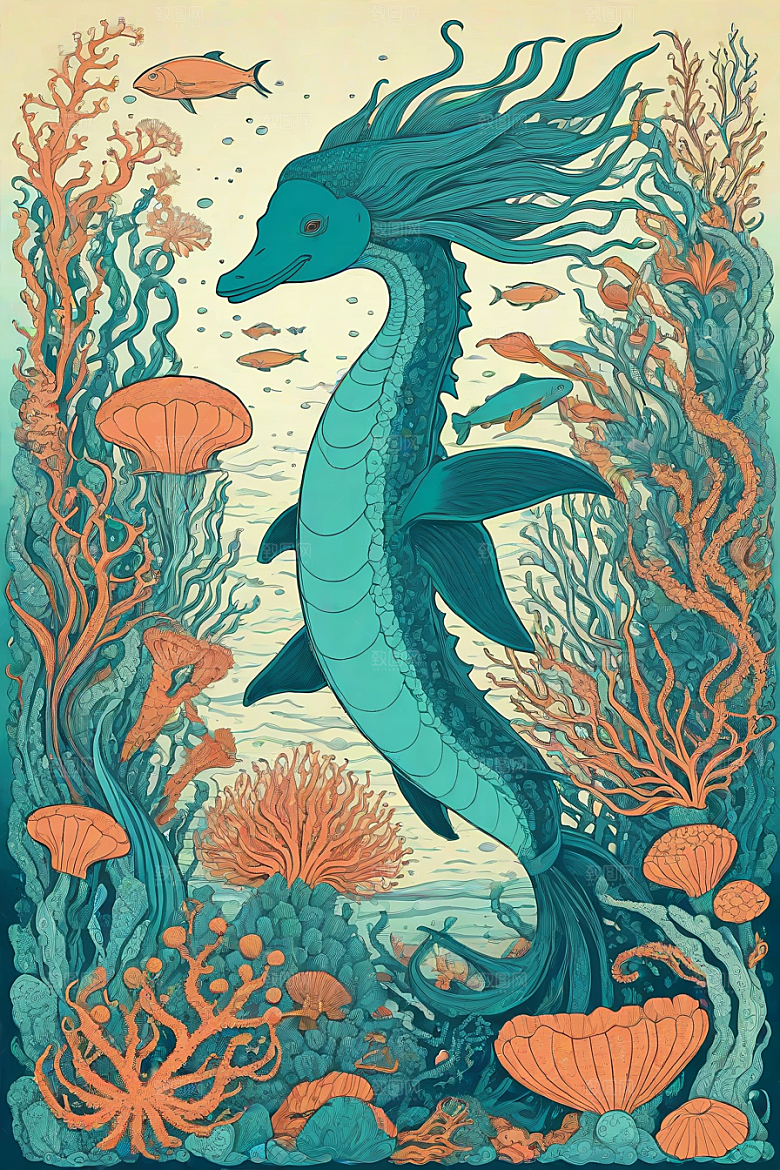 绚丽海洋植物和生物插画的色彩斑斓