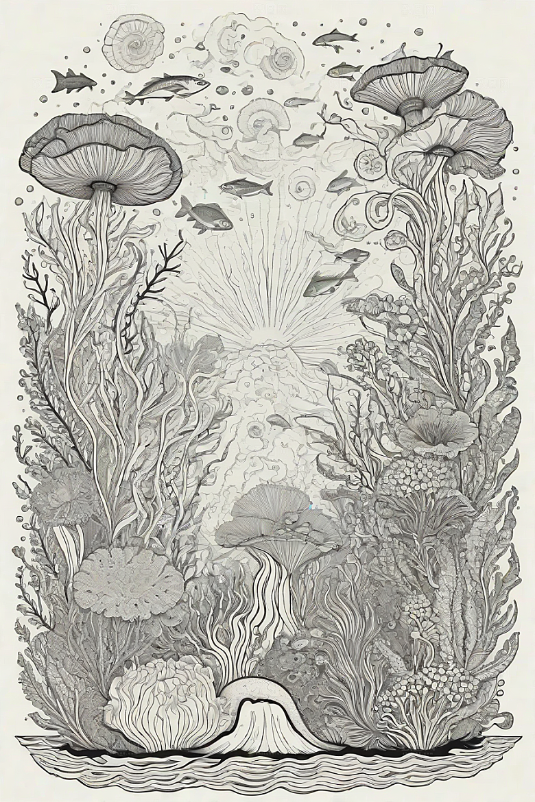 绚丽海洋植物和生物插画的色彩斑斓