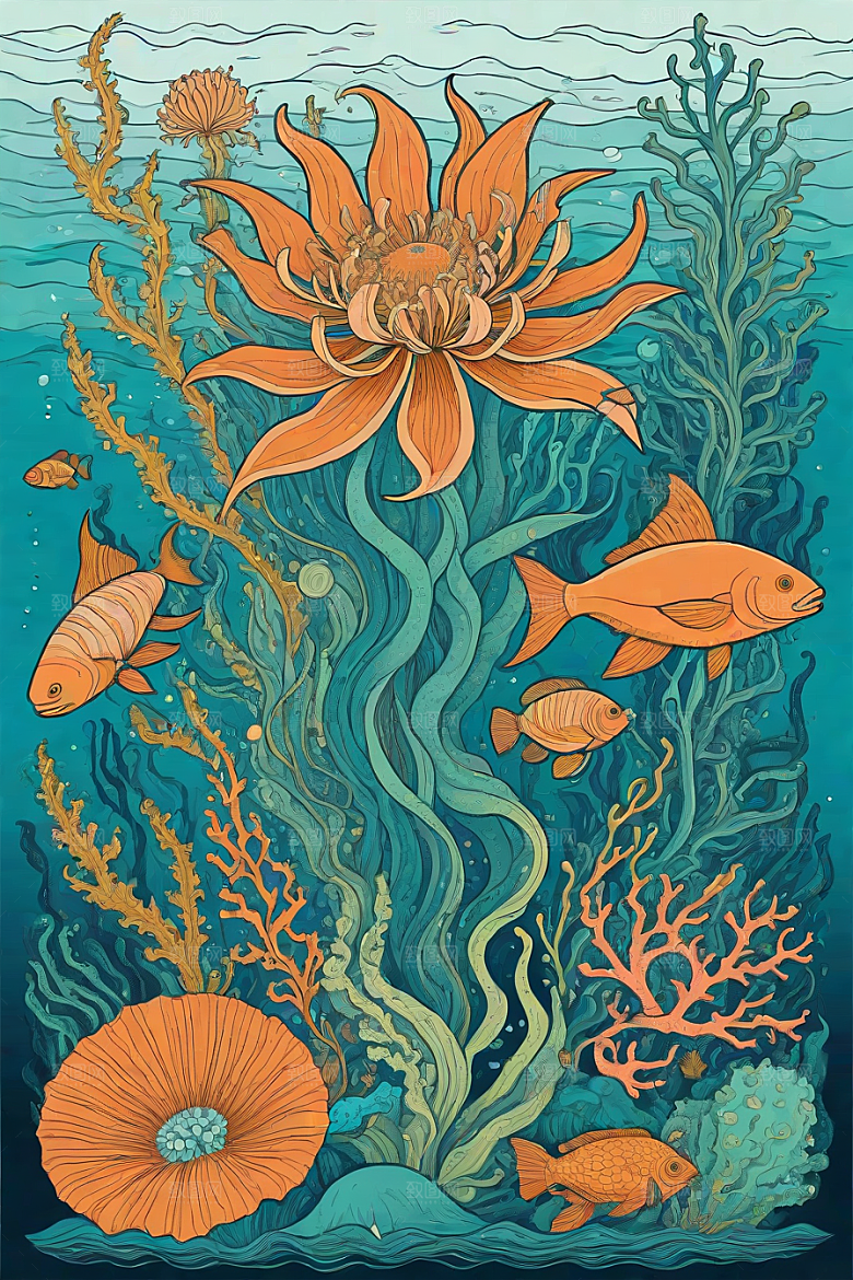 绚丽海洋植物和生物插画的色彩斑斓