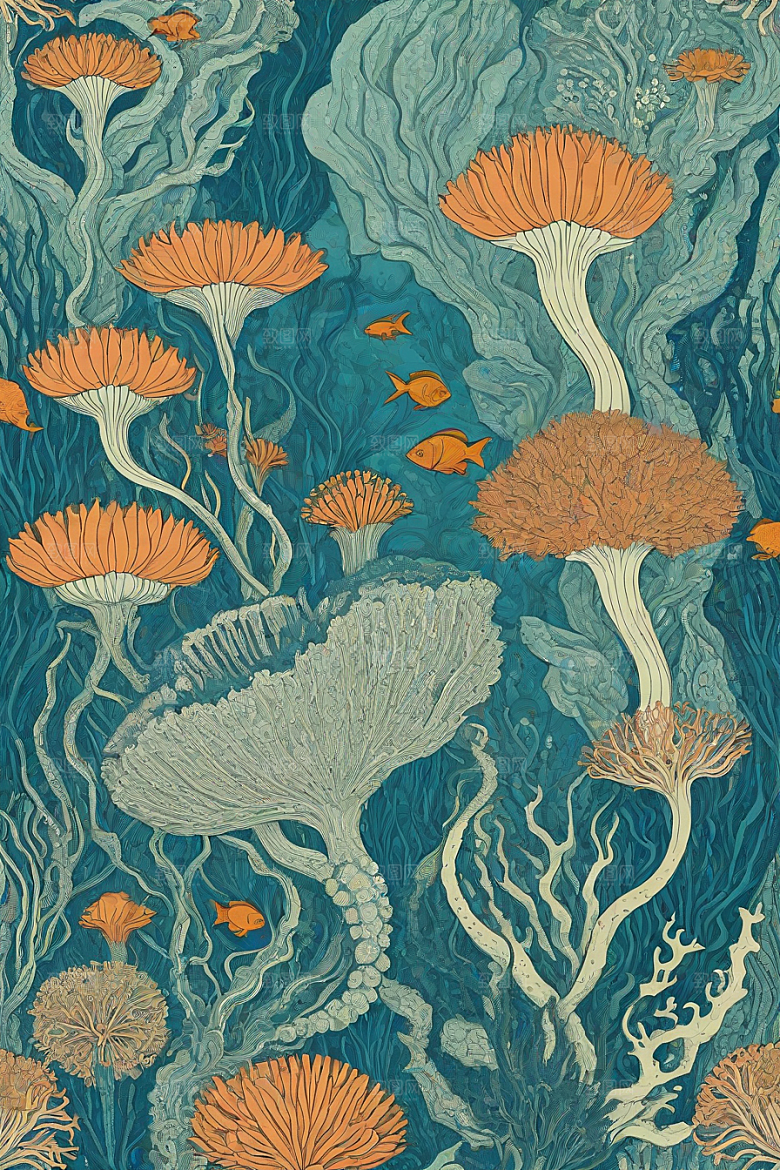 绚丽海洋植物和生物插画的色彩斑斓