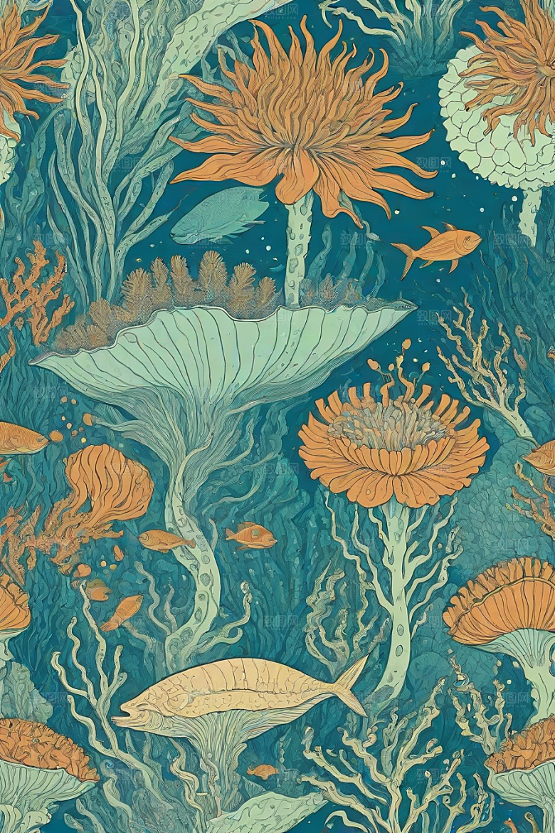 绚丽海洋植物和生物插画的色彩斑斓