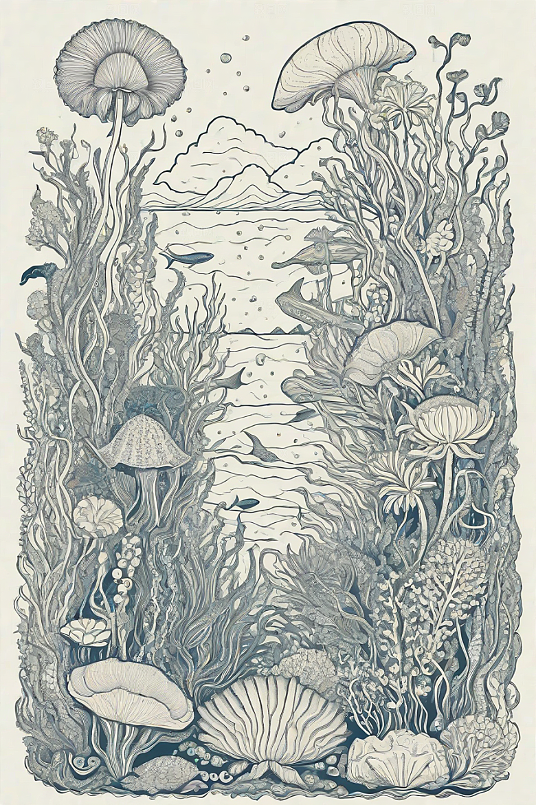 绚丽海洋植物和生物插画的色彩斑斓