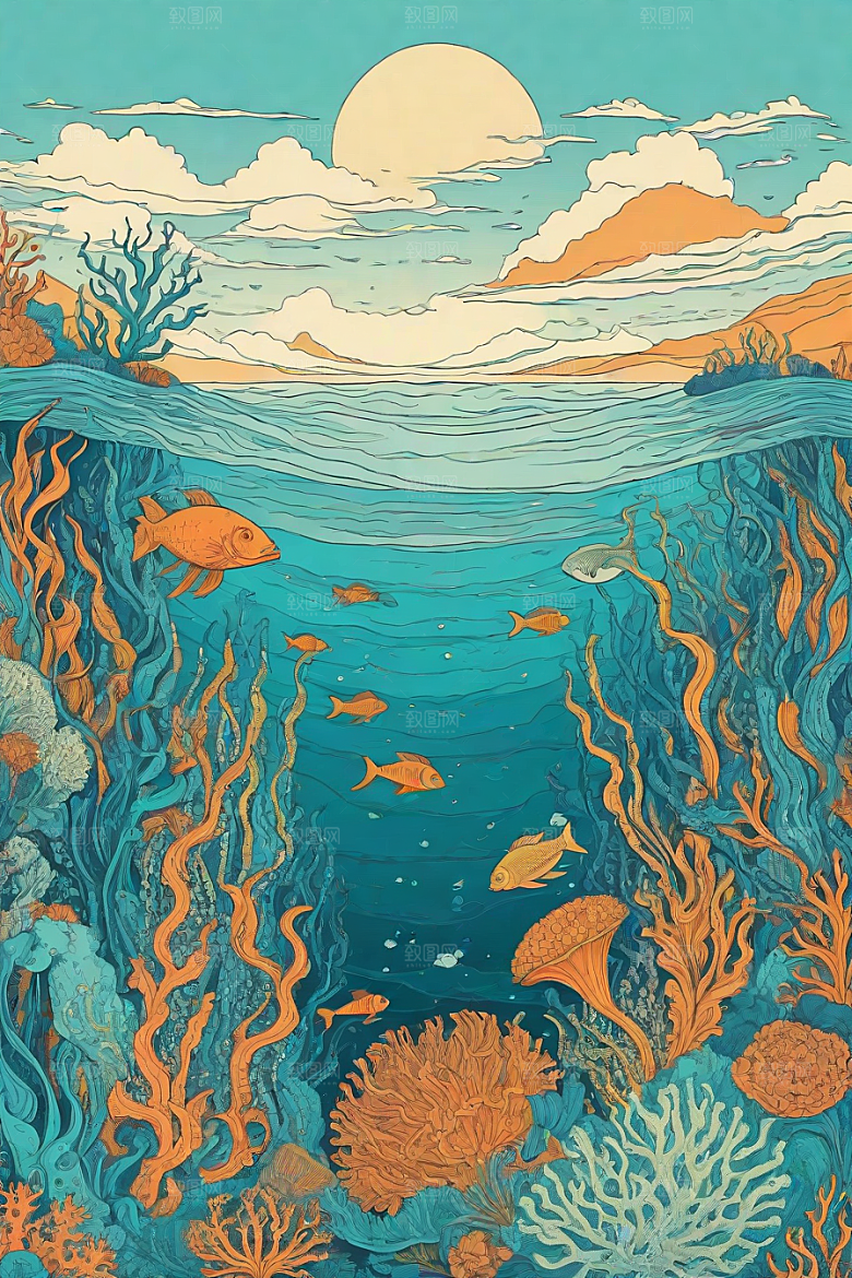 绚丽海洋植物和生物插画的色彩斑斓
