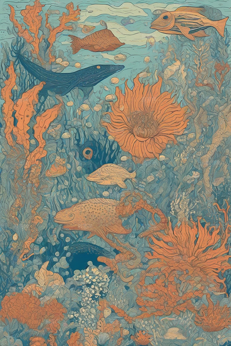 绚丽海洋植物和生物插画的色彩斑斓