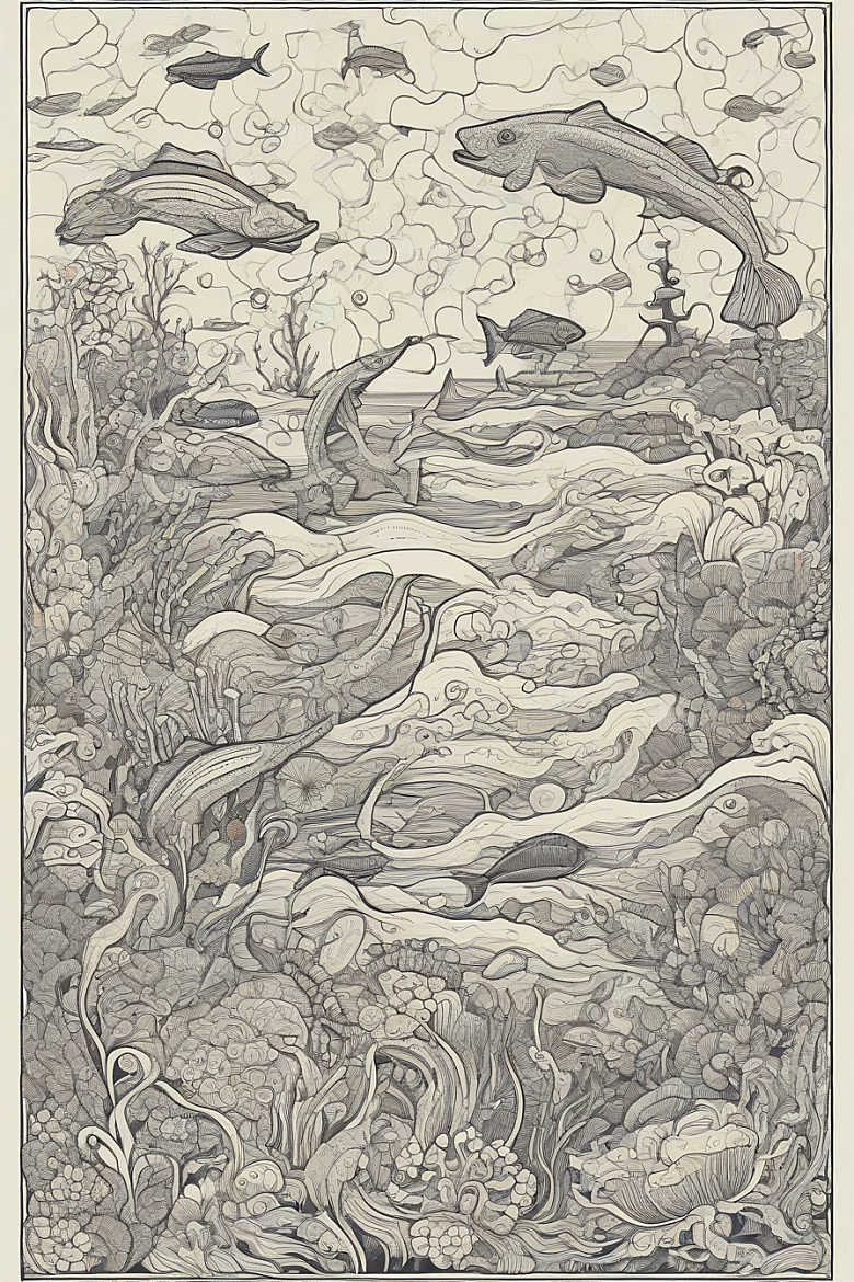 绚丽海洋植物和生物插画的色彩斑斓
