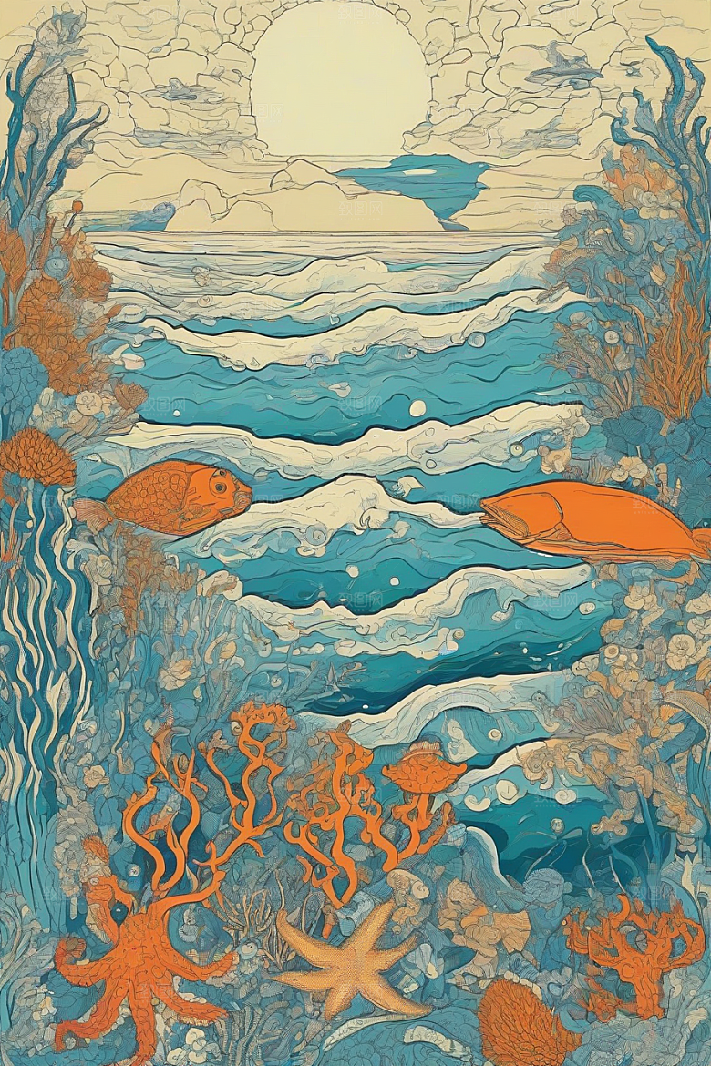 绚丽海洋植物和生物插画的色彩斑斓