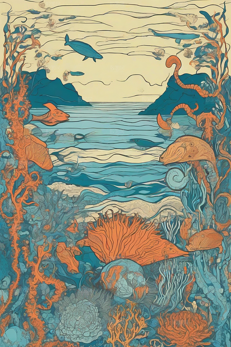 绚丽海洋植物和生物插画的色彩斑斓