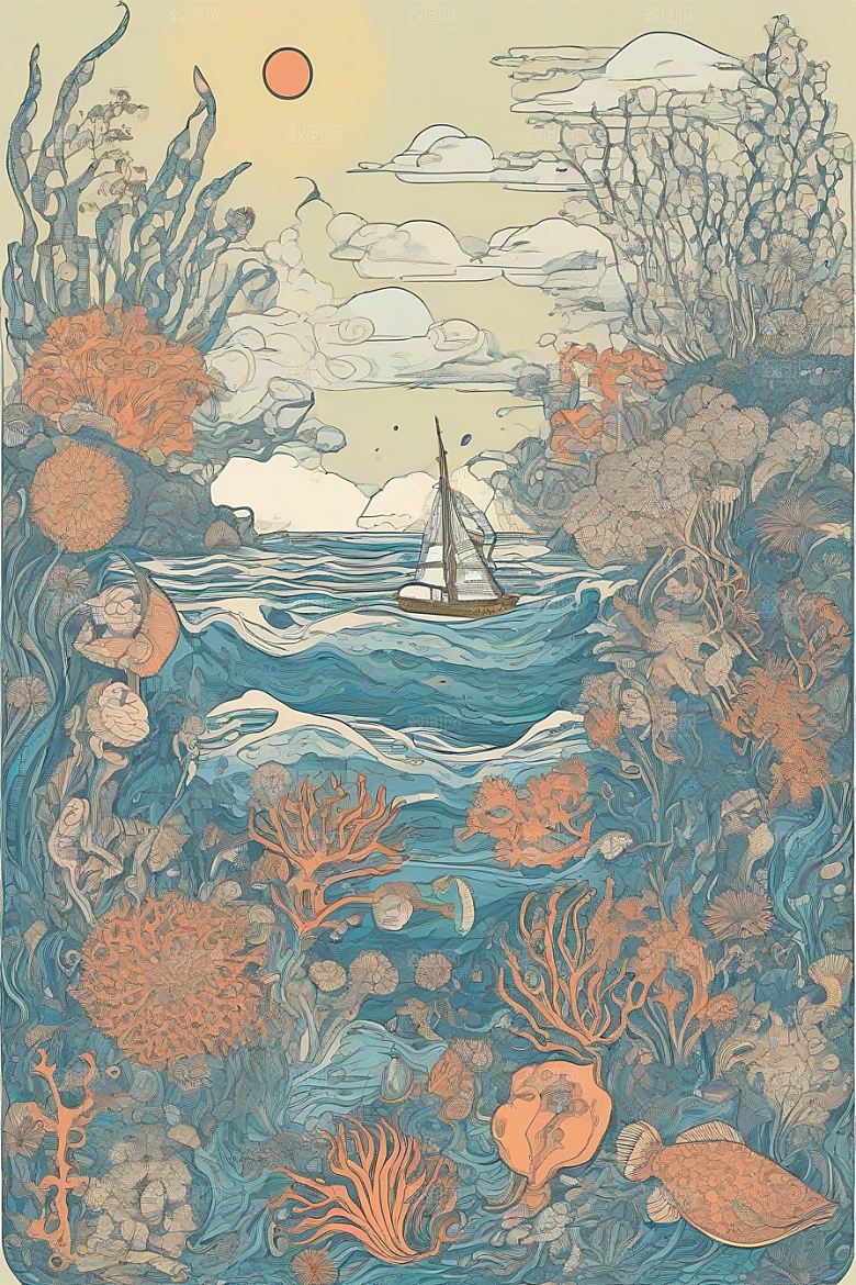 绚丽海洋植物和生物插画的色彩斑斓
