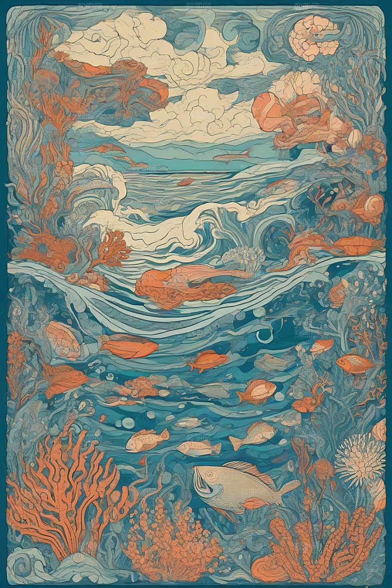 绚丽海洋植物和生物插画的色彩斑斓