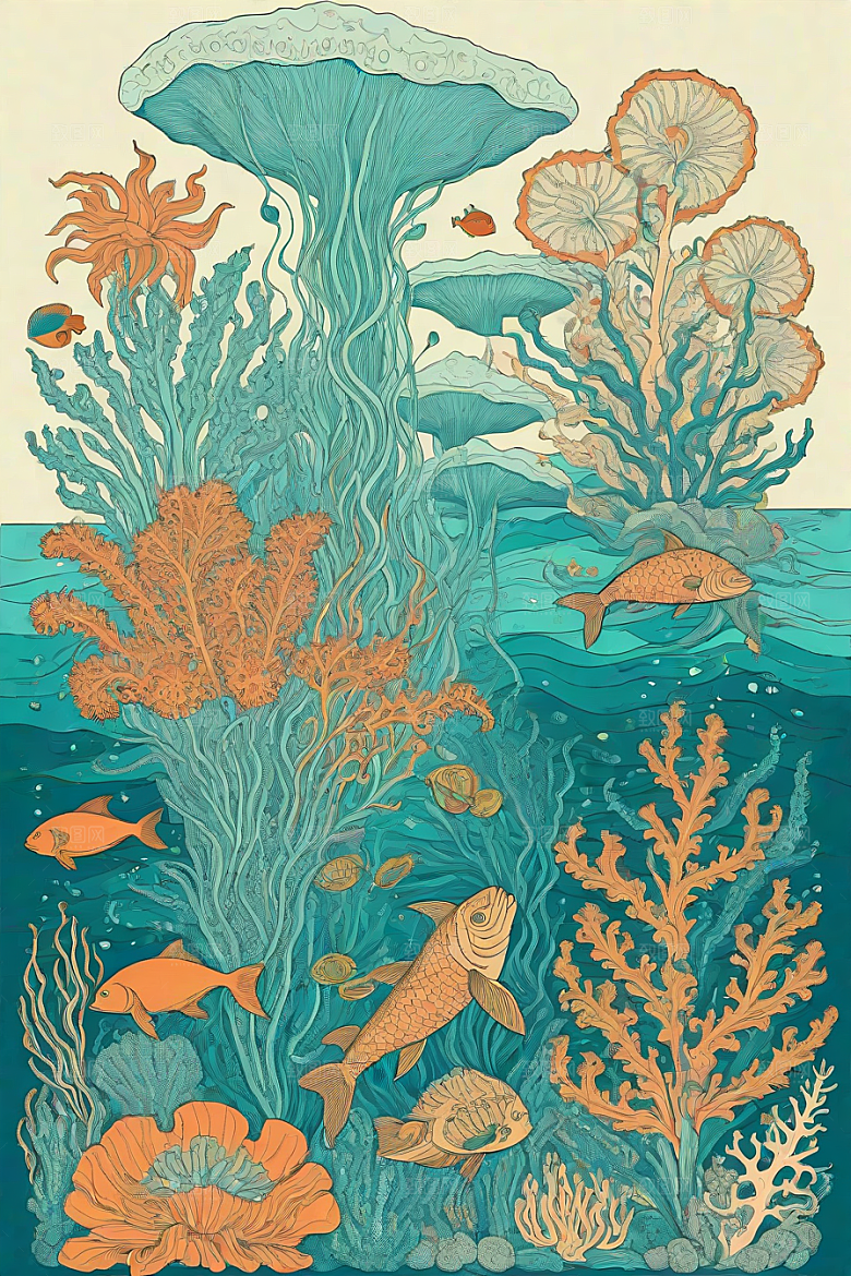 海洋幻想植物和生物插画的梦幻世界